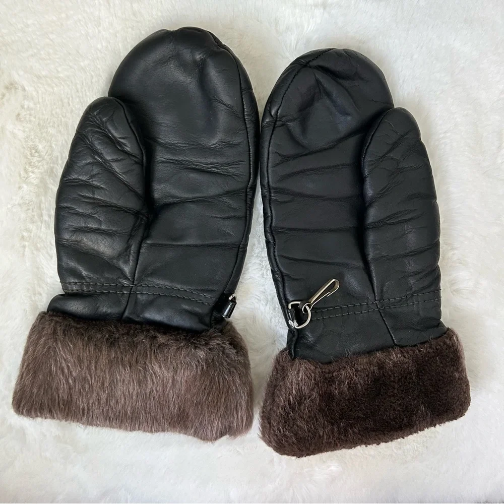 KOMBI Vintage Women’s Leather Mittens Black Faux Fur Cuff Lined S + BONUS Gloves